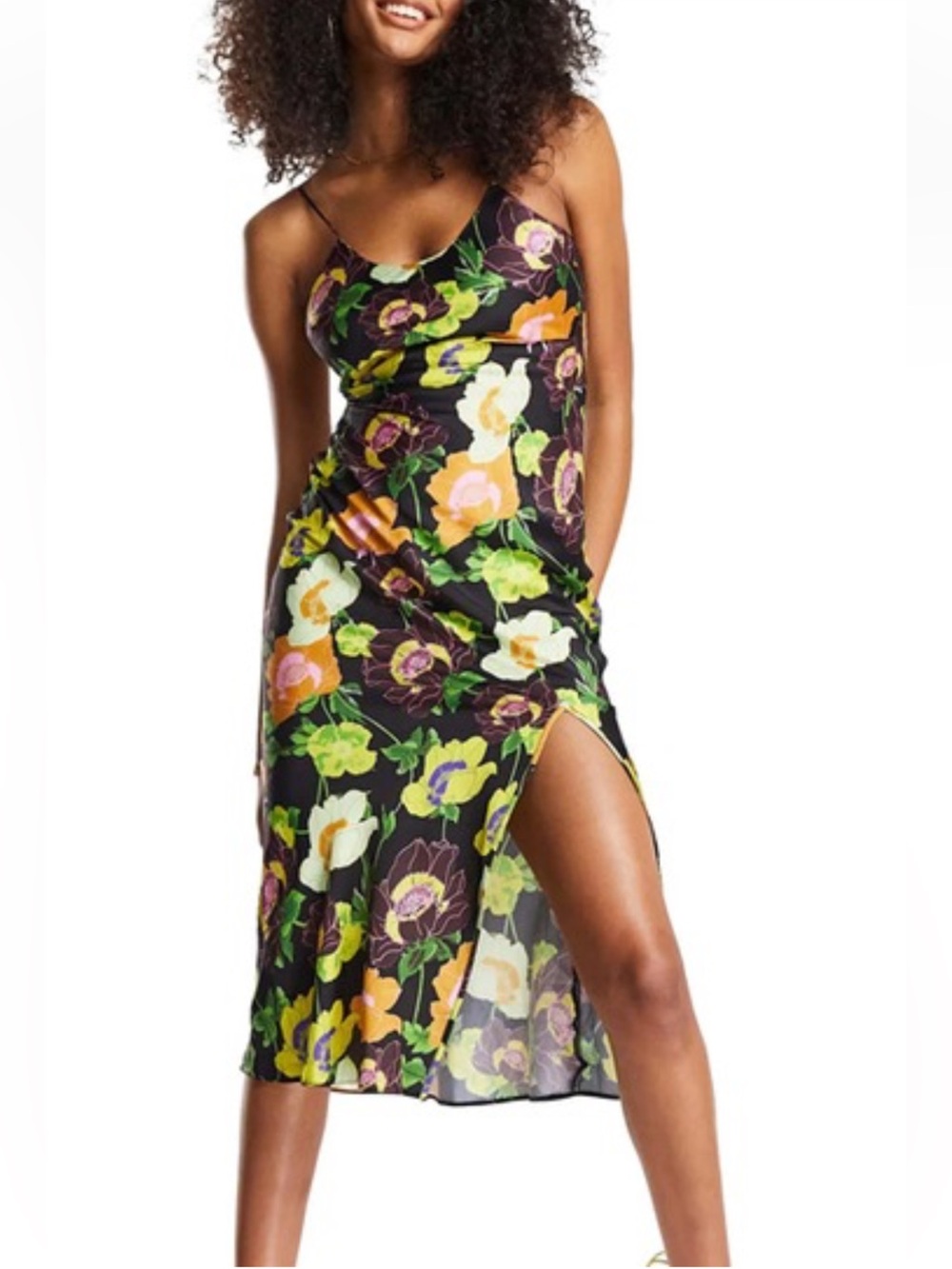ASOS Floral Slip Midi Dress in Black with Multicolor Blooms - size 12